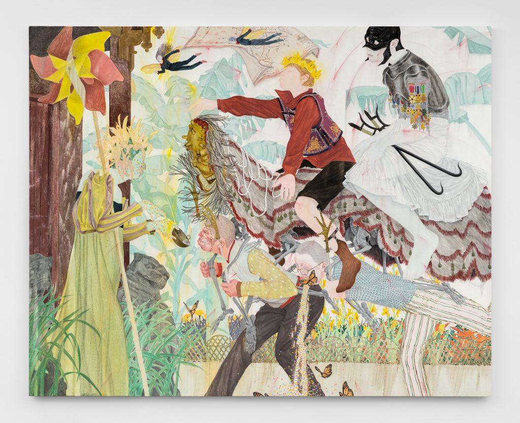 Surreal painting of figures in ornate costumes interacting with a horse-like creature amid lush plants and floating objects.
