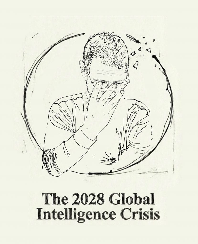 A black-and-white illustration of a person with glasses covering part of their face with their hand, surrounded by a circular brushstroke. Text below reads: “The 2028 Global Intelligence Crisis.”