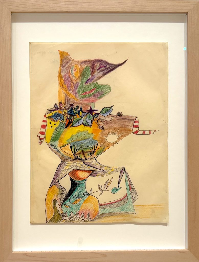 A surreal colored pencil drawing of a hybrid figure with a bird-like head, striped arms, and a body containing landscapes, foliage, and a floral vase.
