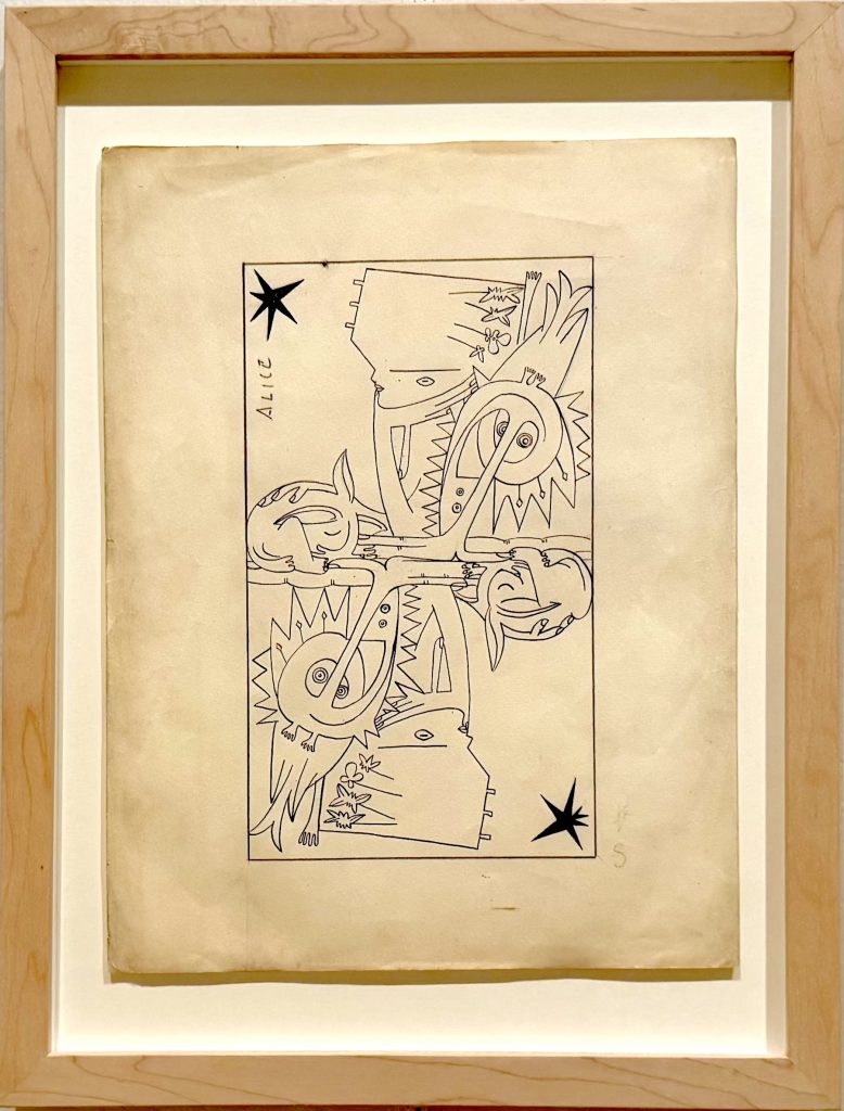 The artwork features a symmetrical, "double-headed" figure in the style of a playing card (specifically the "Siren of Dreams" or Alice). It is rendered in clean, black outlines with no shading.