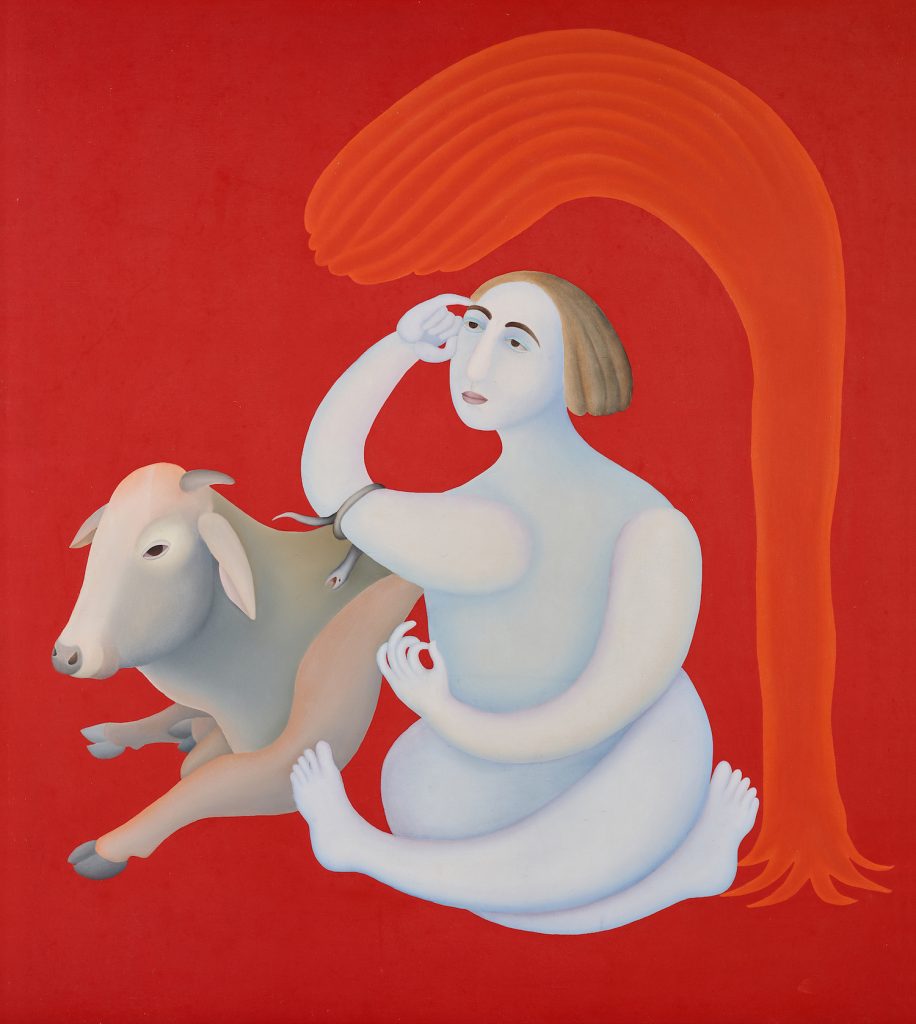 Contemporary Indian painting on a vivid red background depicting a stylized white-skinned figure with a serene expression sitting beside a pale bull, featuring fluid, minimalist lines and an orange abstract shape overhead — modern South Asian art.