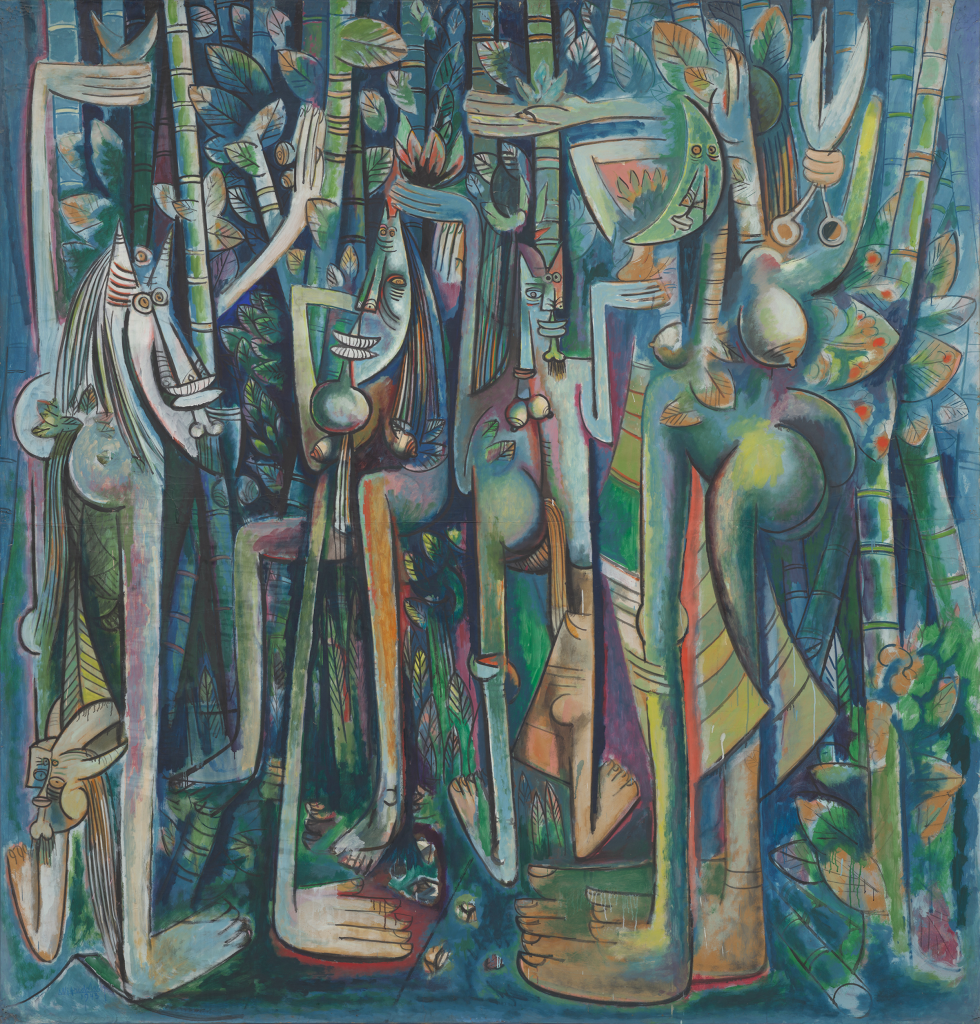 A colorful cubist-style painting of abstract human figures intertwined with dense jungle foliage in vivid blues and greens.