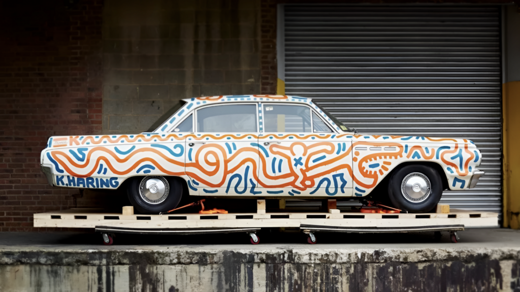 A photograph of an old white sedan covered in red and blue squiggles in the recognizable style of Keith Haring