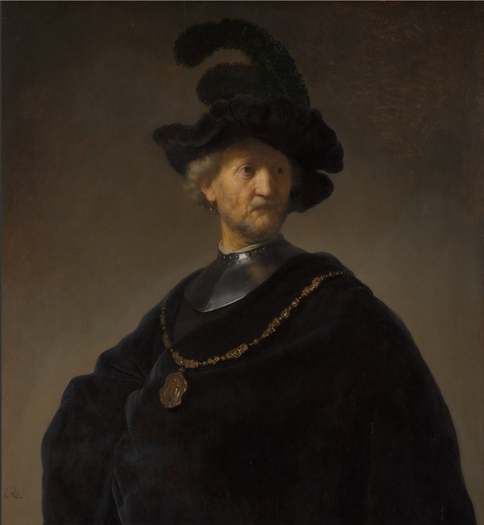 A Rembrandt painting of an old man depicted from the chest up in a black cloak and black hat, with a large golden necklace. He is looking off to the right, against a shaded but plain gray background