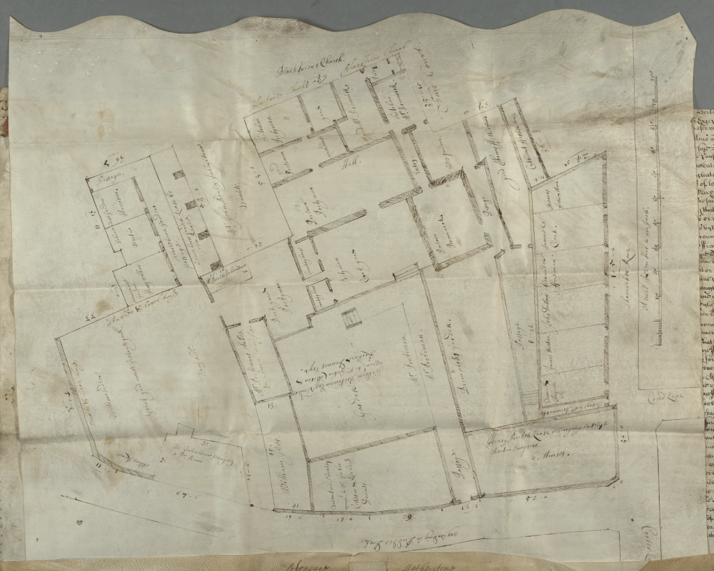an old map with lines of properties on it