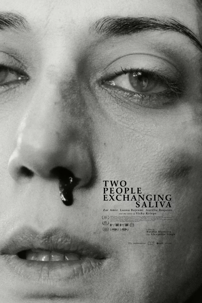 Black-and-white poster for Two People Exchanging Saliva, showing an extreme close-up of a woman’s face with a nosebleed, the title printed across her cheek.